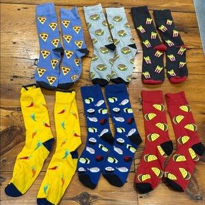 Men’s food themed socks pizza, sushi, tacos, fries, burgers, chilis